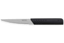 Couteau en acier inoxydable avec lame dentée de 12 cm et poignée noire, idéal pour couper les steaks.