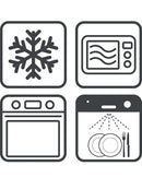 Icons representing microwave, oven, dishwasher, and freezer for cooking and food storage.