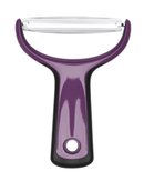 Éplucheur OXO PREP pour gros légumes, lame large en acier inoxydable, design ergonomique et couleur violette.