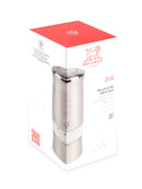 Moulin à Sel Électrique Peugeot Zeli compact en inox brossé, présenté dans son emballage.