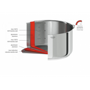 Close-up of Cristel casserole, showcasing stainless steel and aluminum materials, featuring measurement markings for precise cooking.