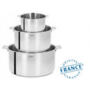 Serie de 3 casseroles Cristel inox amovibles avec poignée inox, excellence culinaire française.
